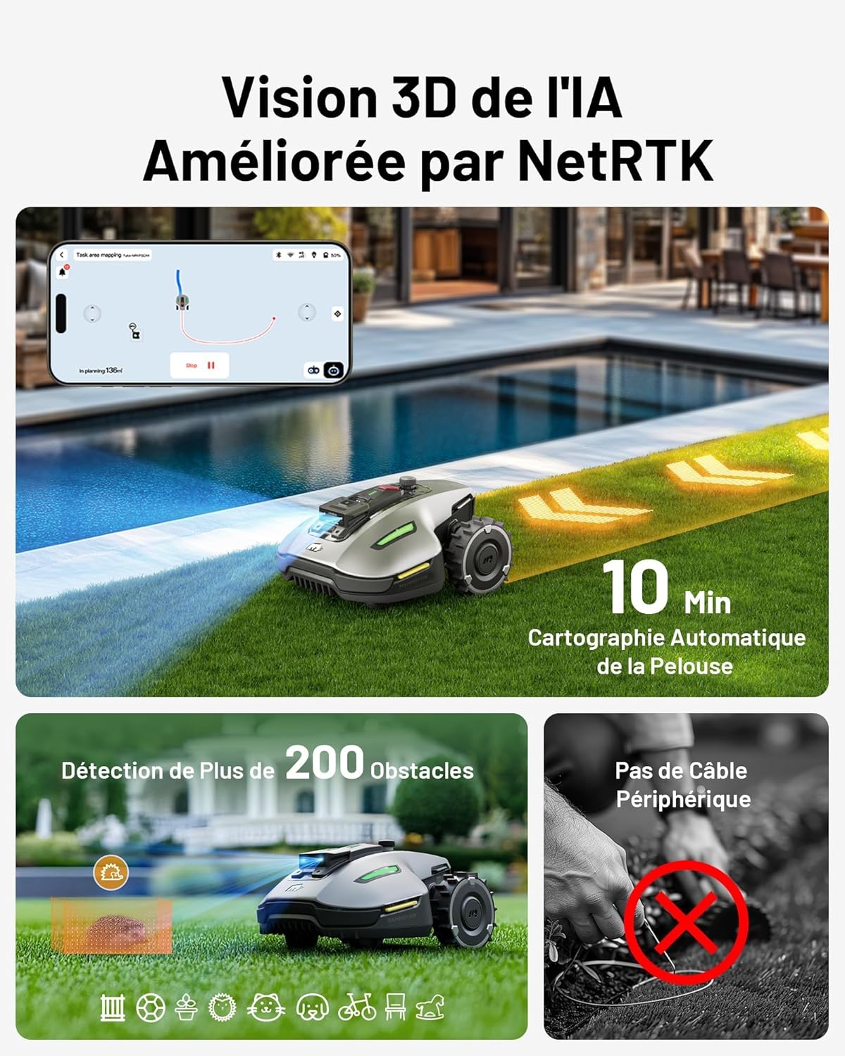 MAMMOTION YUKA Mini 700 Robot Tondeuse sans Fil Périphérique, NetRTK+Vision, Aucune Antenne RTK Requise, Recommandé 700 m2, Pente à 50%, Cartographie Automatique, avec Module 4G