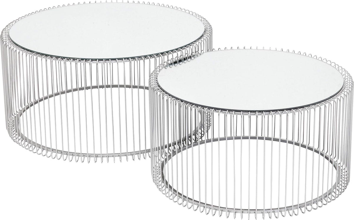 Kare Design Tables basses Wire, argenté/miroir, rond, acier, verre, table basse salon lot de 2, meuble, table de salon, chambre, ?70cm, ?60cm