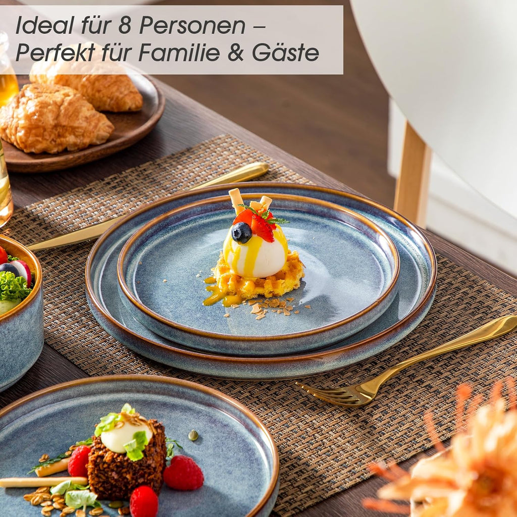 vancasso ONION Assiettes Service de Table 24 Pièces pour 8 Personnes, Service Complet en Grès - 8 Assiettes Plates, 8 Dessert et 8 Bols - Adapté au Micro-Ondes, Gla?ure Gris Bleu