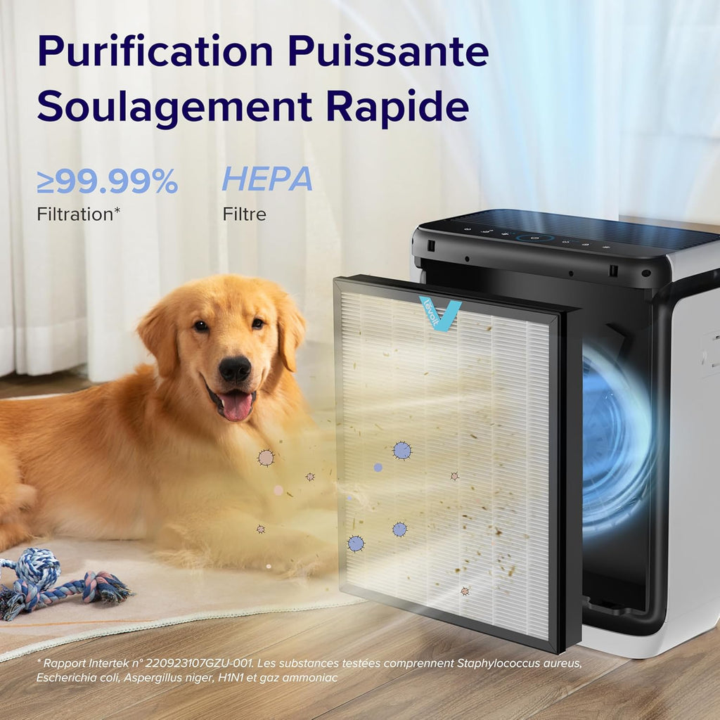 LEVOIT Purificateur d'air pour les personnes allergiques avec mode animal, CADR 416 m3/h jusqu'à 87 ㎡ pour chambre fumeur appartement, double capteur et préfiltre lavable, filtre à air HEPA contre
