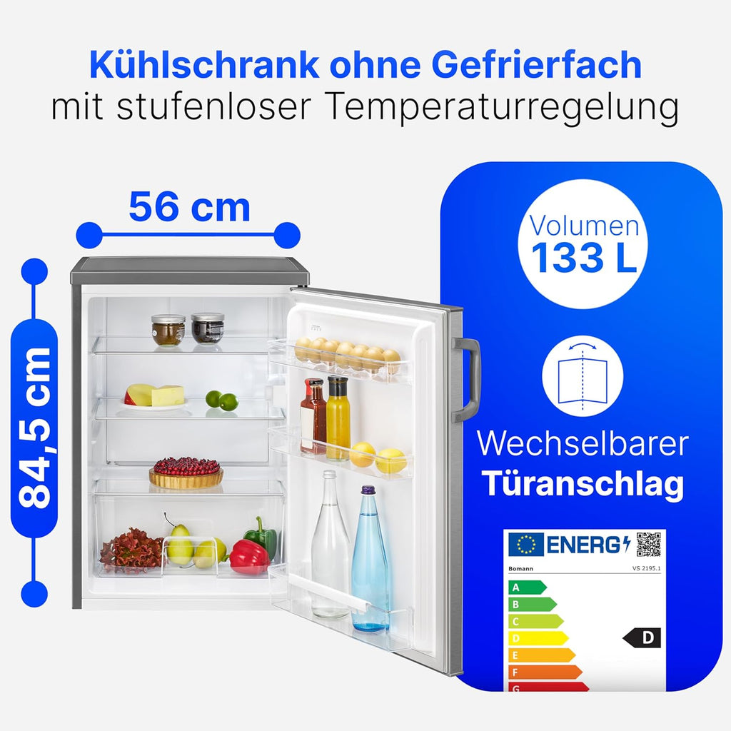 Bomann Réfrigérateur 133L inox VS2195-1-inox, Capacité nette : 133 litres, éclairage intérieur à DEL, Contr?le de la température en continu, 3 clayettes en verre