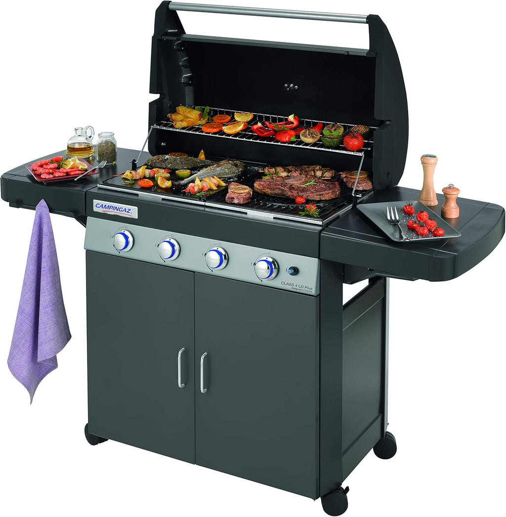 Campingaz Barbecue à gaz Class 4 LD Plus  4 br?leurs  Puissance 12.8kW Système de nettoyage facile InstaClean  grille et plancha en fonte double émaillage  2 tablettes latérales