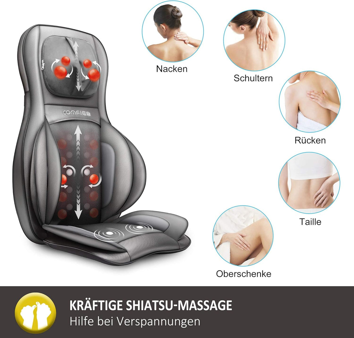 COMFIER Siège Massant Shiatsu avec Compression et Roulement - Masseur de Dos avec Chaleur, Chaise Massage de pétrissage pour Le Dos, Le Cou et Les épaules, Cadeau Papa Maman Femme Homme