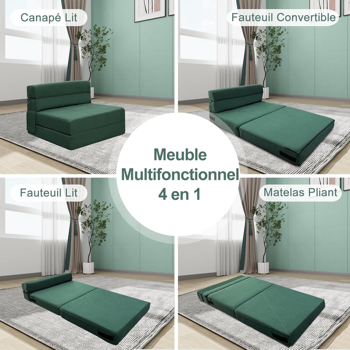 ANONER Canapé de Sol Convertible Canapé Convertible 1 Place, Canape Lit 1 Place en Mousse à Mémoire de Forme & Oreiller, Matelas Pliant Sofa pour Chambre Salon, Vert Foncé