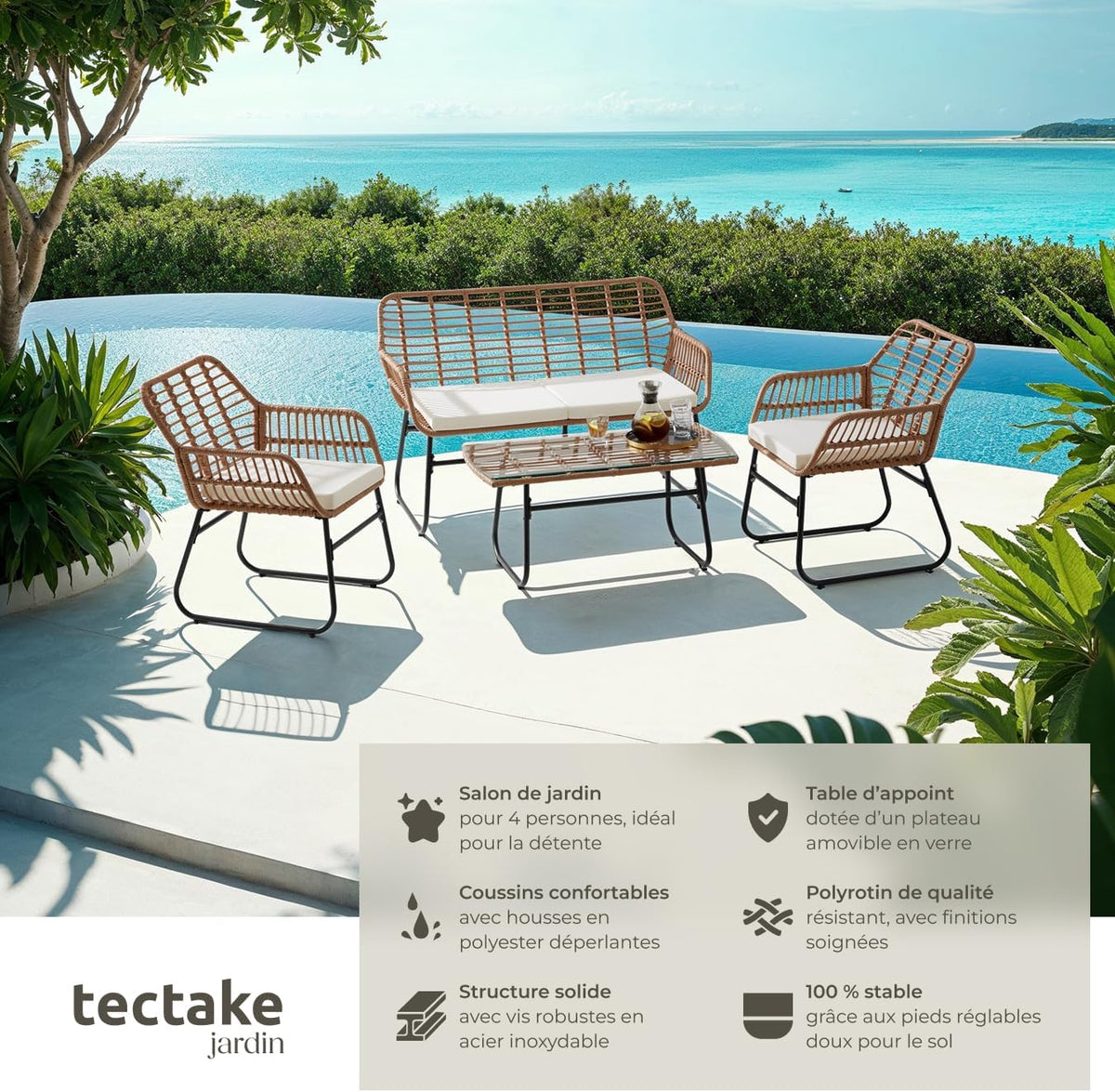 TecTake? Salon de Jardin Extérieur en Poly Rotin 4 Personnes Ensemble Canapé 2 Places 2 Fauteuil Salon et Table de Jardin, Coussins Amovibles Inclus, Amenagement Balcon Terrasse Veranda