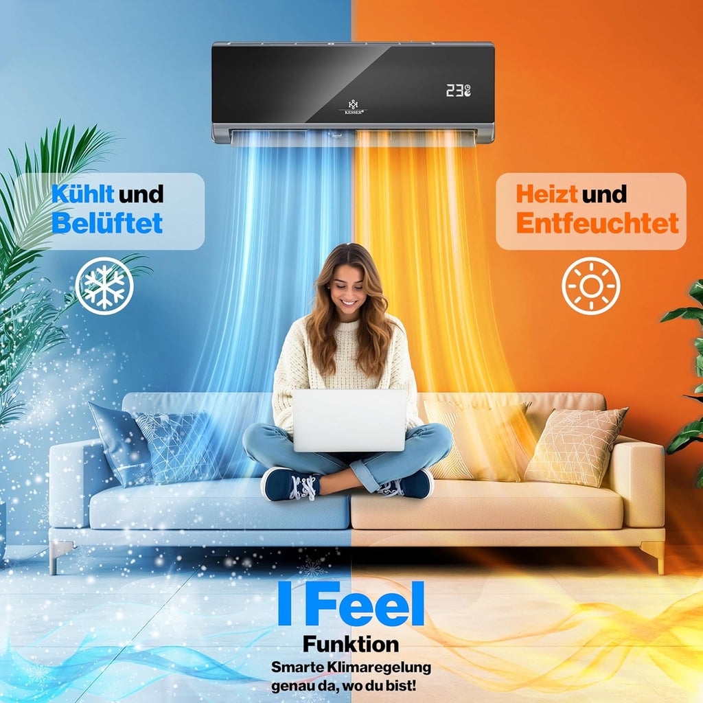KESSER? Climatisation SET réversible - Climatiseur avec fonction WiFi/Application - Refroidissement A++/ Chauffage A+  Fluide réfrigérant R32 - écran LCD  Split 9000 BTU/h / 2600 Watt - Anthrazit