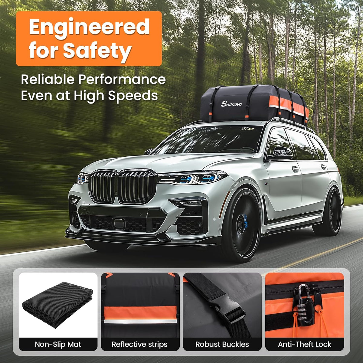 Sailnovo Coffre de Toit de véhicule étanche Sac de Toit Voiture pour Voyage Résistant aux Intempéries avec Tapis Antidérapant, 6 Crochets de Porte et Cadenas à Combinaison, 590L 1000D PVC