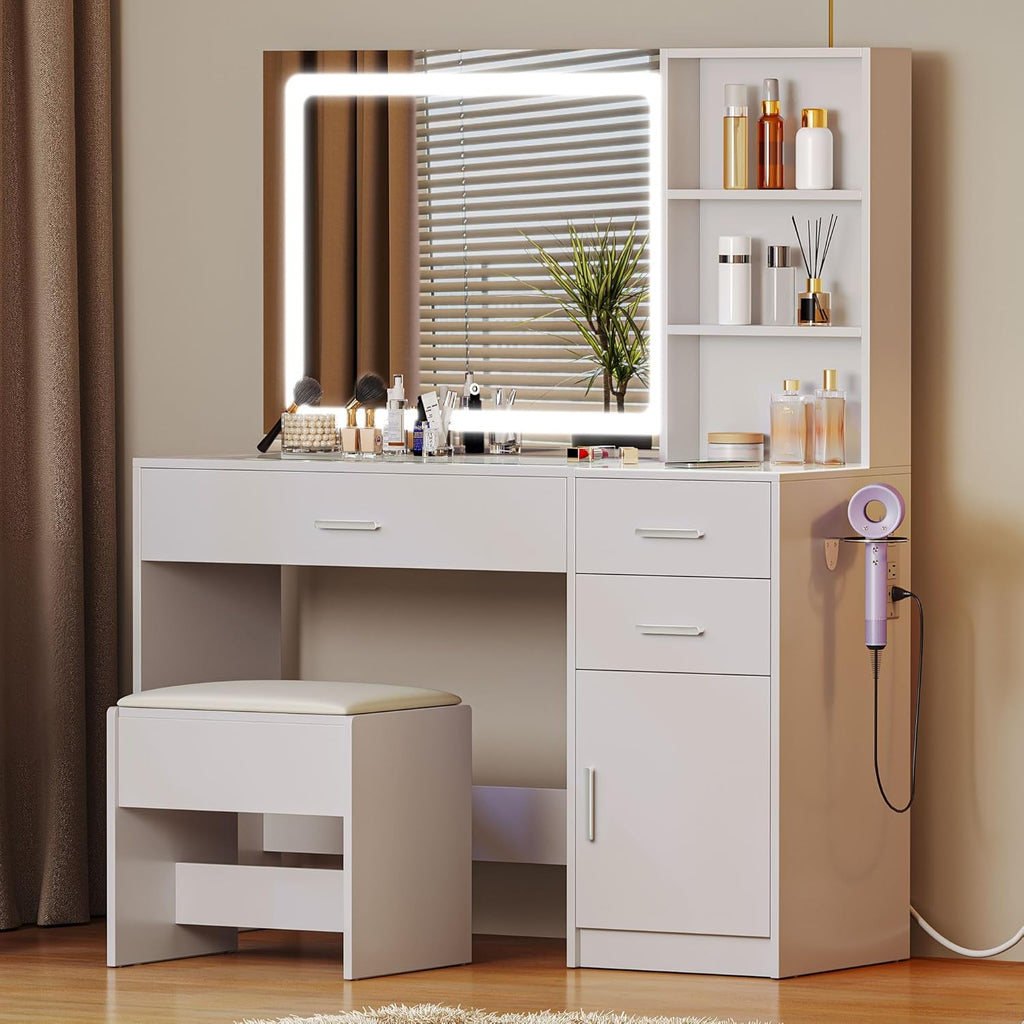 YITAHOME Coiffeuse avec Miroir LED à Luminosité Réglable, Table de Maquillage avec 3 Tiroirs et 2 étagères de Rangement Armoire Rangement Coiffeuse avec Tabouret Prise Commode Blanche