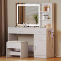 YITAHOME Coiffeuse avec Miroir LED à Luminosité Réglable, Table de Maquillage avec 3 Tiroirs et 2 étagères de Rangement Armoire Rangement Coiffeuse avec Tabouret Prise Commode Blanche