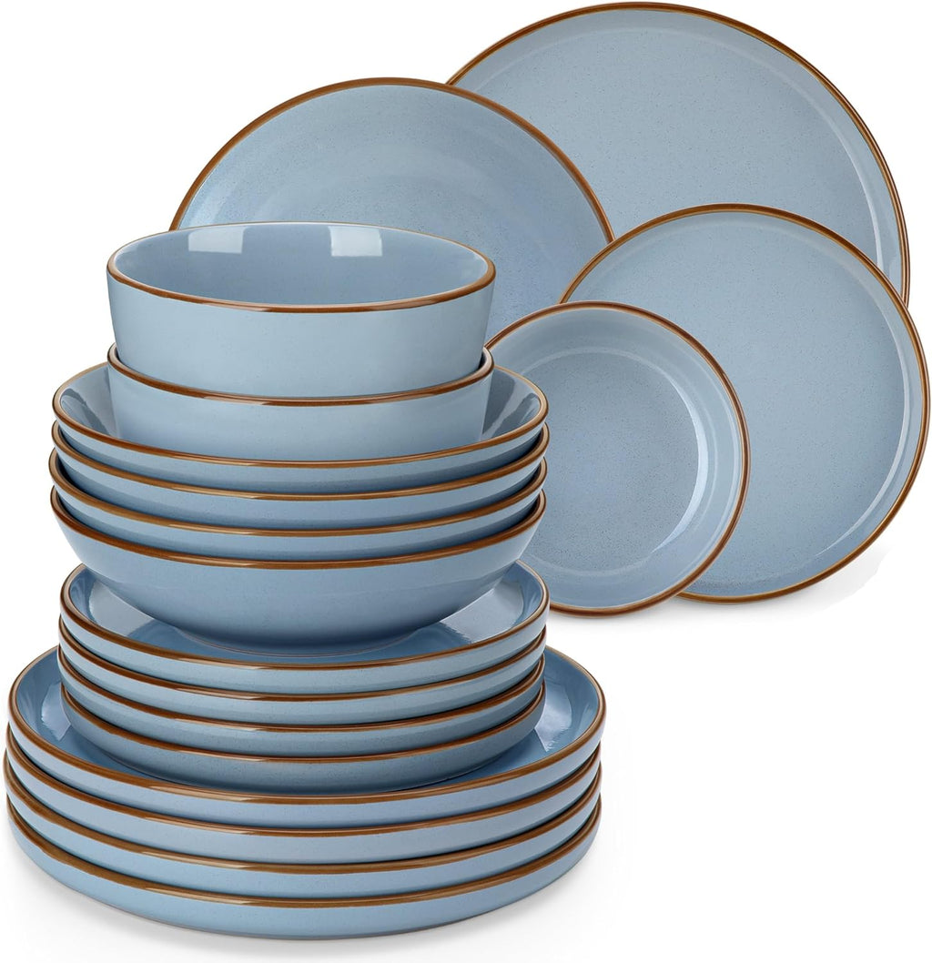 vancasso LOIRE Assiettes Service de Table 6 Personnes - Vaisselle 24 Pièces en Grès - 6 Assiette Plates, Dessert, Creuses et Bols à Céréales - Passe au Micro-Ondes et Lave-Vaisselle - Gla?ure Bleu