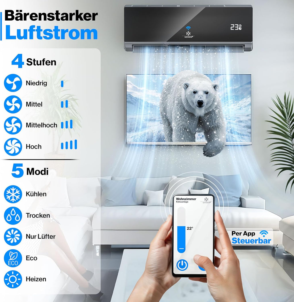 KESSER? Climatisation SET réversible - Climatiseur avec fonction WiFi/Application - Refroidissement A++/ Chauffage A+  Fluide réfrigérant R32 - écran LCD  Split 9000 BTU/h / 2600 Watt - Anthrazit