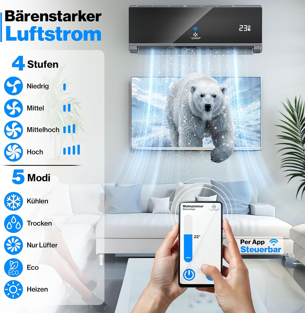 KESSER? Climatisation SET réversible - Climatiseur avec fonction WiFi/Application - Refroidissement A++/ Chauffage A+  Fluide réfrigérant R32 - écran LCD  Split 9000 BTU/h / 2600 Watt - Anthrazit