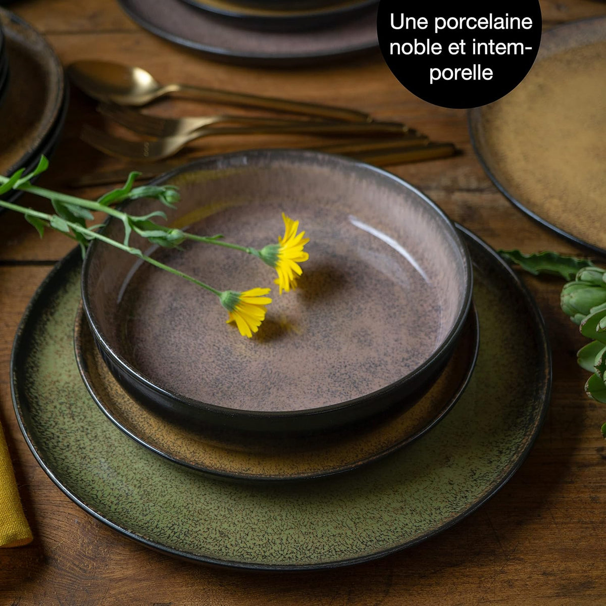 Moritz & Moritz VIDA service de table 6 personnes - vaisselle et arts de la table couleurs vintage jaune, vert et rouge 6x assiettes plates, 6x assiettes creuses, 6x assiettes à petit-déjeuner