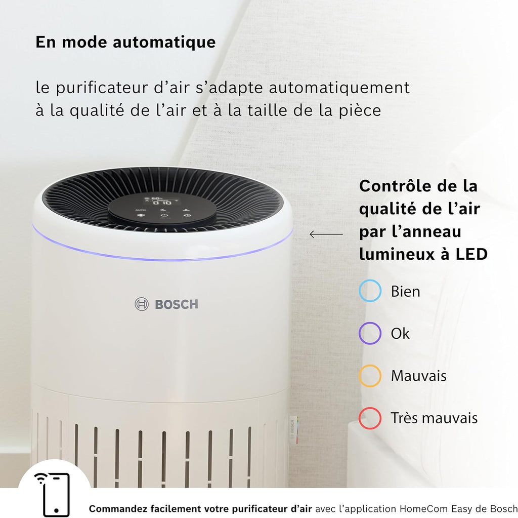 Bosch Air 4000i - Purificateur d'air intelligent - Couvre 62,5 m2 - Filtre efficacement plus de 99% des polluants - Mode Auto/Sommeil (< 25 dB(A)) - CADR : 300 m3/h - Connectivité avec écran et app