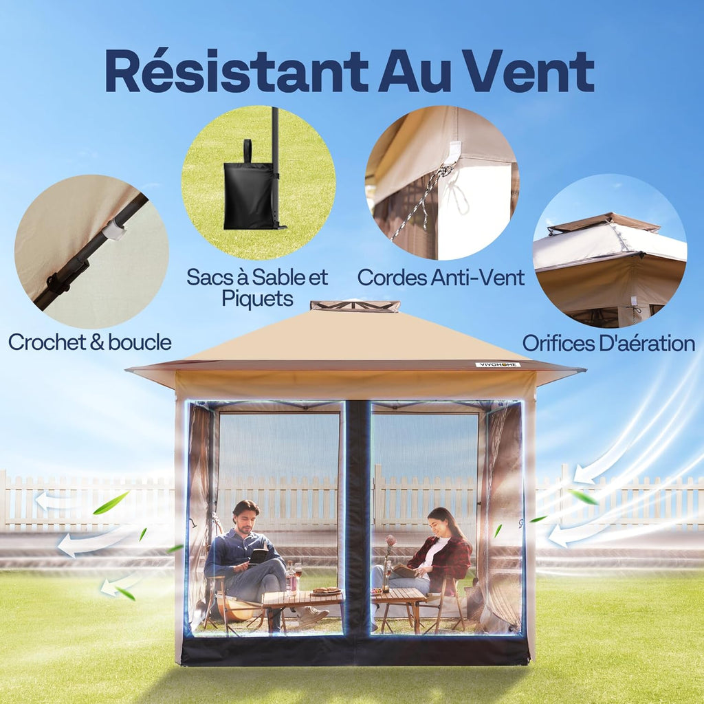 VIVOHOME Tente écran Tonnelle Pliante Portable résistant à l'eau Barnum Pavillon de Jardin avec Moustiquaire 2 Portes à Fermeture éclair et Sac Roulant (Beige & Marron, 3x3 m)