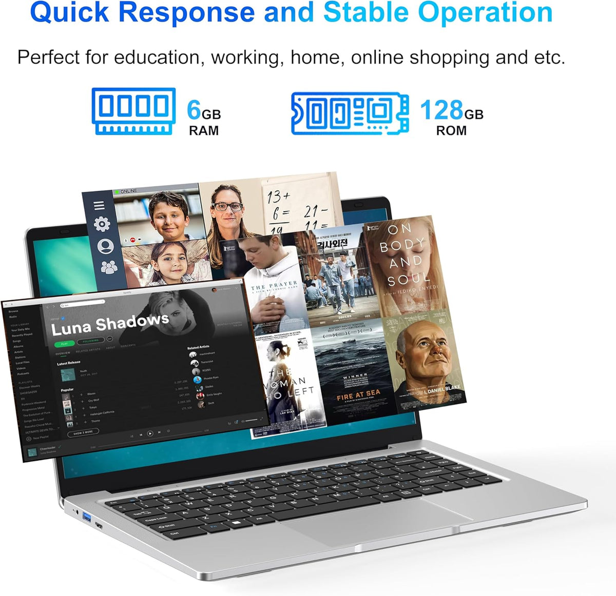 Ordinateur Portable 14 1" Pouces laptop  6 Go de RAM  128 Go de SSD  N4000 Celeron Dual-Core  Wi-Fi Bluetooth 2 4/5 0G  1366 * 768 IPS  Design sans Ventilateur  Inclus une Souris  Clavier à Membrane.