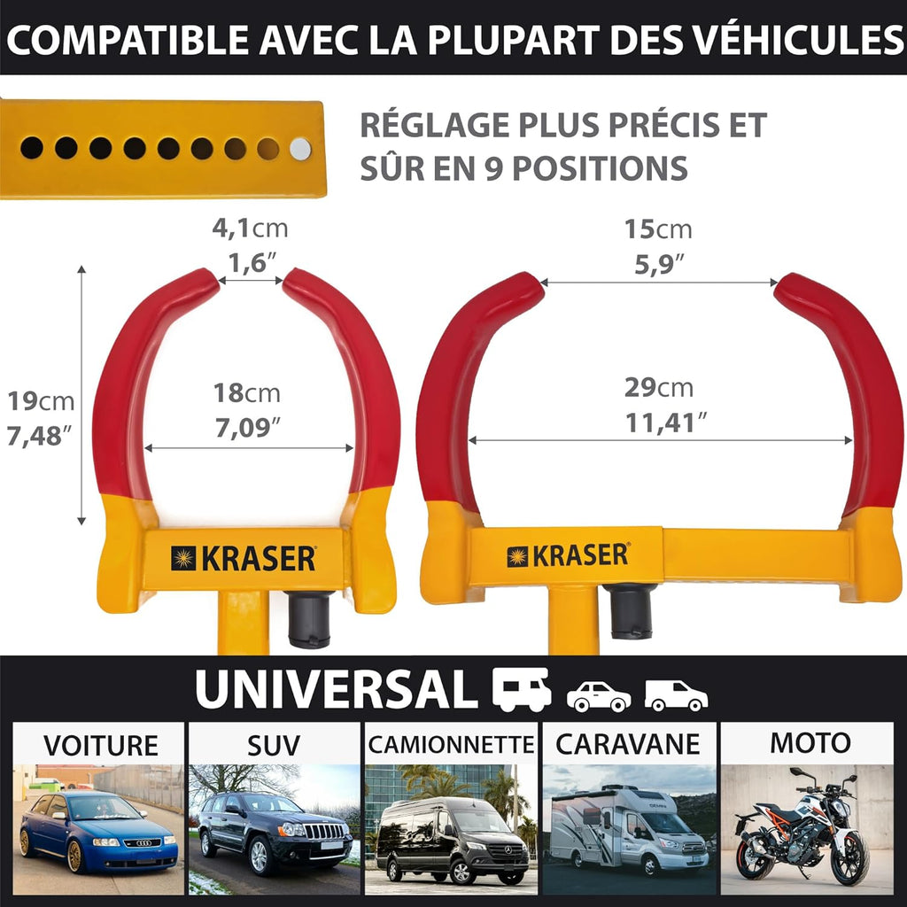 KRASER WA820 Antivol Voiture Sabot Roue, N1 Allemagne, Haute Sécurité Serrure Anti-Per?age, Antivol Caravane Visible Dissuasif, Blocage Anti vol Universel Réglable 18-29 cm Auto, Camping Car, Remorque