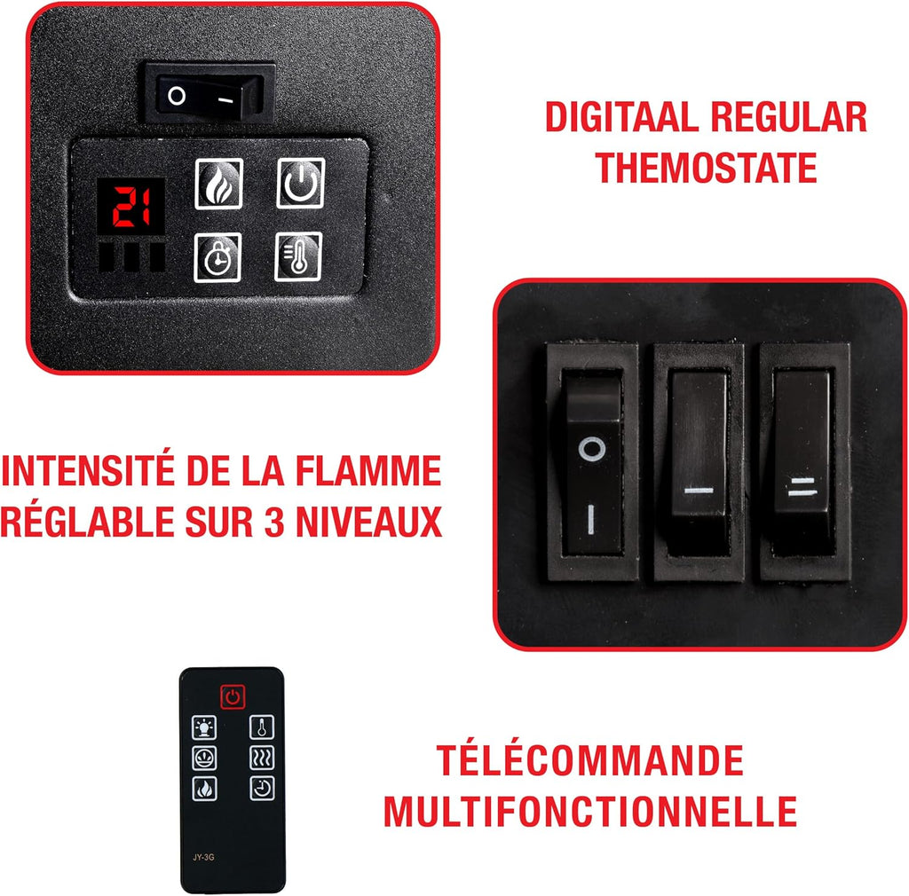 Classic Fire Cheminée Electrique Memphis - Cheminee Decorative 1800W - Cheminée électrique avec Effet Flame, Chauffage, Télécommande et Minuterie - Fixation Murale - Noir