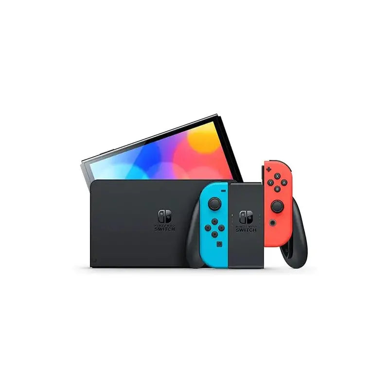 Close-up van de twee afneembare Joy-Con controllers in neonkleuren