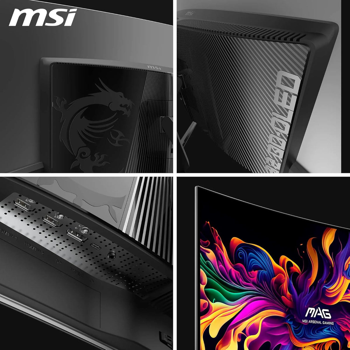 MSI MAG 321CUP QD-OLED standaard en achterkant van dichtbij