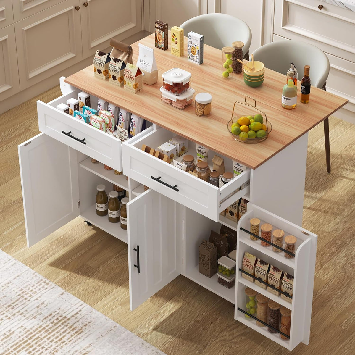 Wit keukeneiland op wielen, compleet eiland in de keuken