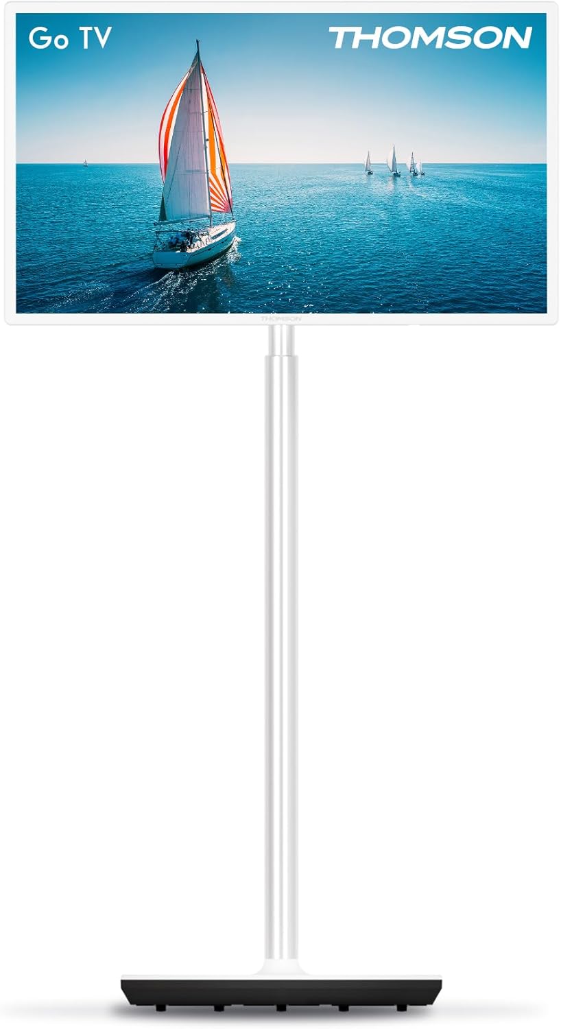 Witte THOMSON Go TV 32 inch draagbare Android-tv op wieltjes, vooraanzicht