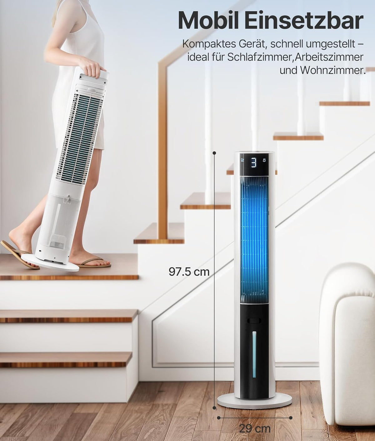 Produktbild: Turmventilator Luftkühler mit Wasserkühlung - Mobile Klimaan – Größenangabe im Maß