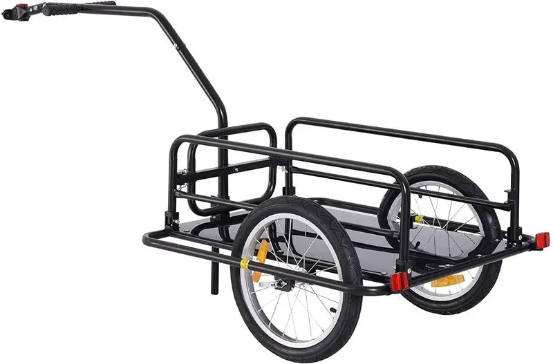 Zwarte Aosom fietsaanhanger volgeladen achter de fiets
