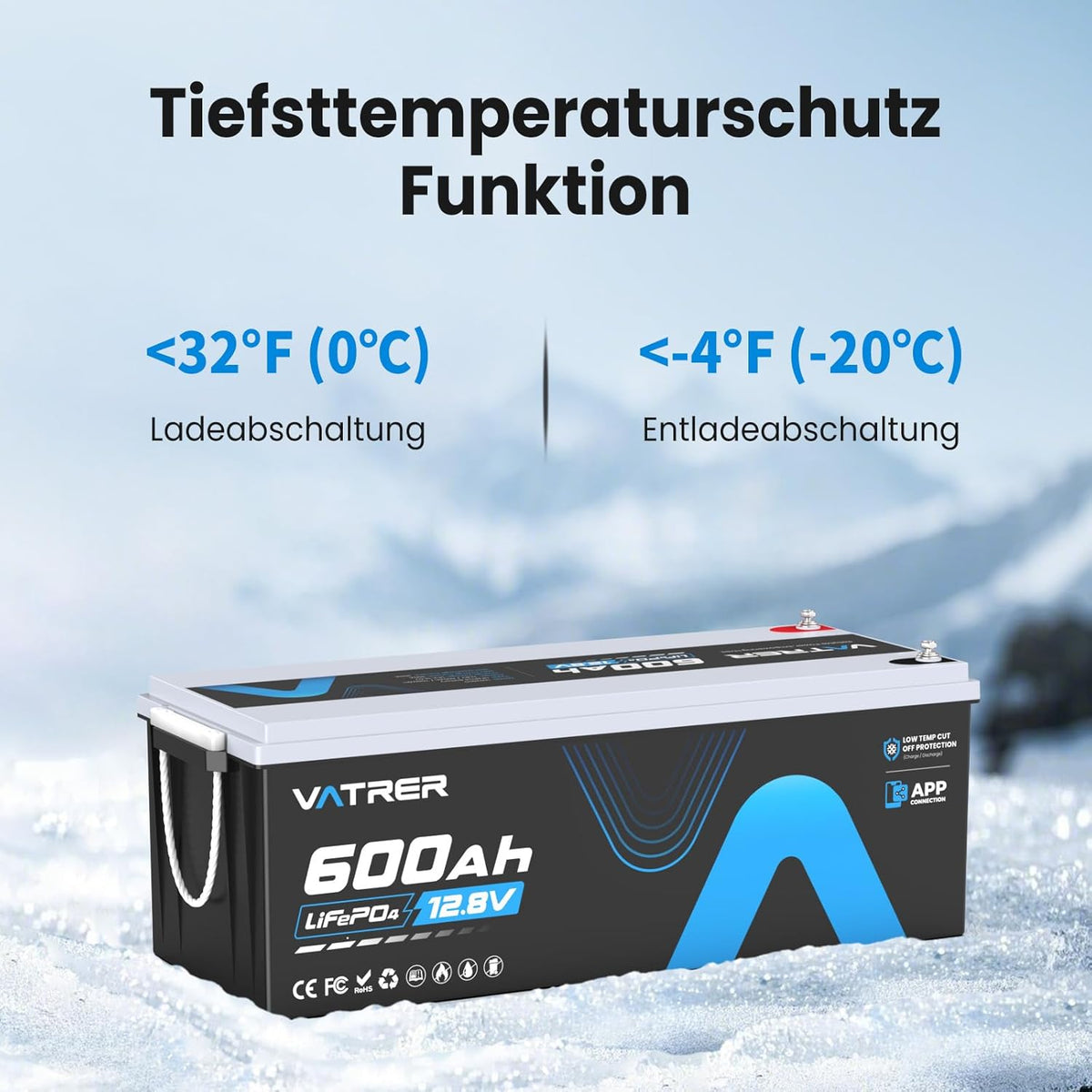 Produktbild: 12V 600Ah LiFePO4 Lithiumbatterie mit APP-Überwachung – Seitenansicht
