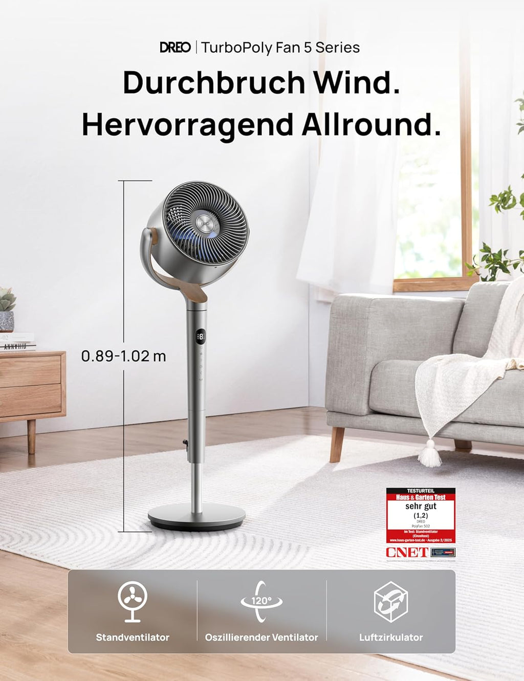 Produktbild: Dreo 20dB leiser Standventilator – Frontansicht