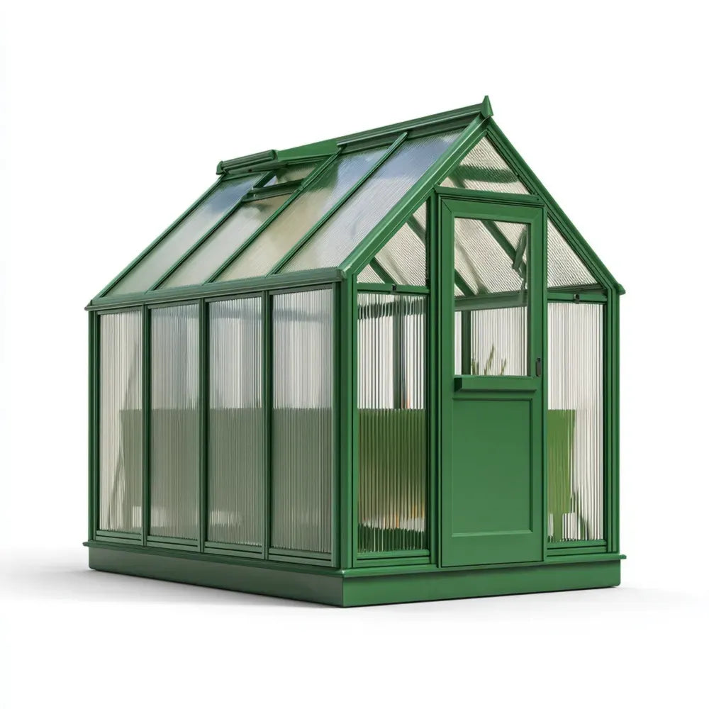 Aluminium-Gewächshaus in Grün im Garten