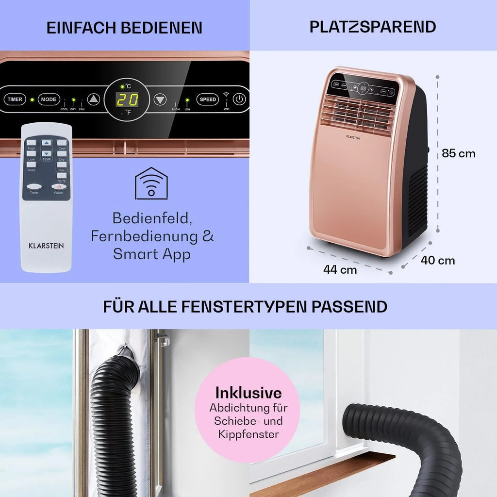 Produktbild: Klarstein Mobile Klimaanlage mit Abluftschlauch – Größenangabe im Maß