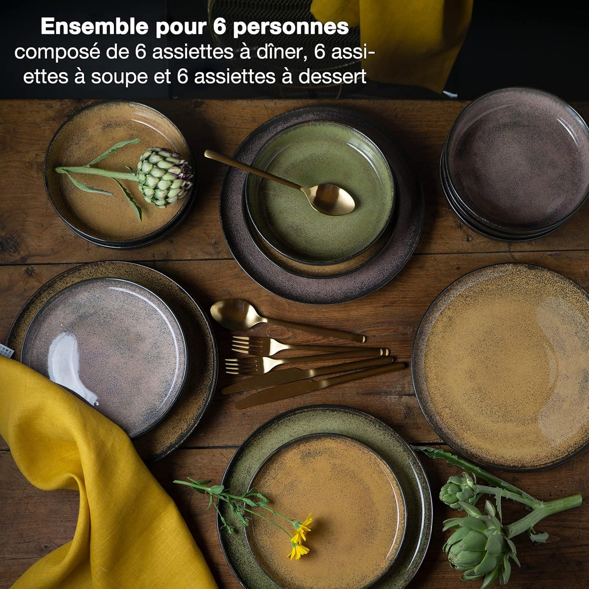 Moritz & Moritz VIDA service de table 6 personnes - vaisselle et arts de la table couleurs vintage jaune, vert et rouge 6x assiettes plates, 6x assiettes creuses, 6x assiettes à petit-déjeuner