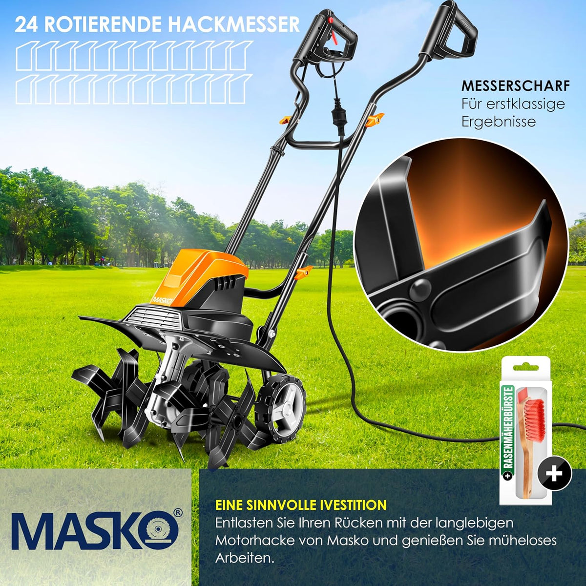 MASKO? Motobineuse électrique 1500 Watts | 40cm de Largeur de Travail, 20cm de Profondeur de Travail | Bineuse | Motoculteur à Fraise | Cultivateur | Fraiseuse de Jardin | Bineuse électrique/Orange