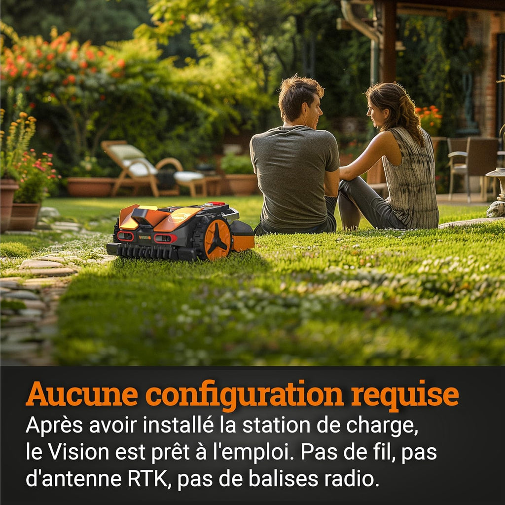 WORX LANDROID Vision WR206E.1, Robot Tondeuse sans Fil périphérique 600 m2 Surf.Max 700 m2, Installation en 30 Min, Caméra 4K + IA Adaptative, évite Tous Les Obstacles, Coupe des Bordures, Multizone