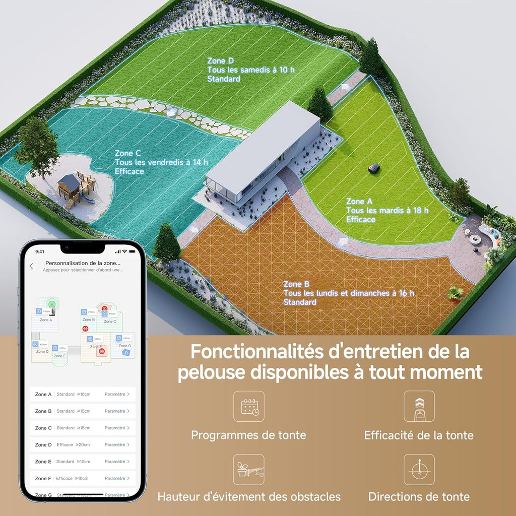 MOVA 600 Robot Tondeuse Installation sans Fil, cartographie 3D-LiDAR jusqu'à 600 m2, évitement Intelligent des Obstacles. Contr?le Via App, Coupe en U, Silencieux, alertes de sécurité.