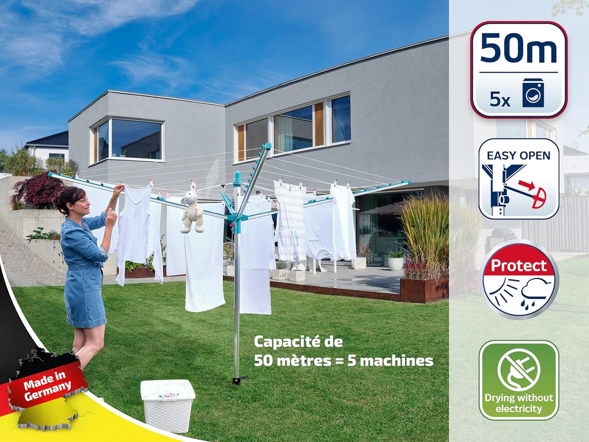 Leifheit Séchoir Parapluie Linomatic 500 Easy avec Housse de Protection, Douille de Sol, Système Easy-Lift, Etendoir à Linge 50m, Séchoir à Linge à Rétractation Automatique des Fils