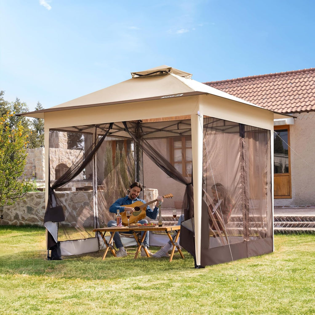 VIVOHOME Tente écran Tonnelle Pliante Portable résistant à l'eau Barnum Pavillon de Jardin avec Moustiquaire 2 Portes à Fermeture éclair et Sac Roulant (Beige & Marron, 3x3 m)
