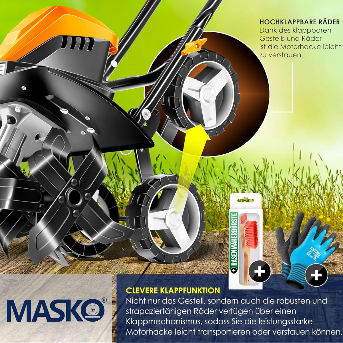 MASKO? Motobineuse électrique 1500 Watts | 40cm de Largeur de Travail, 20cm de Profondeur de Travail | Bineuse | Motoculteur à Fraise | Cultivateur | Fraiseuse de Jardin | Bineuse électrique/Orange