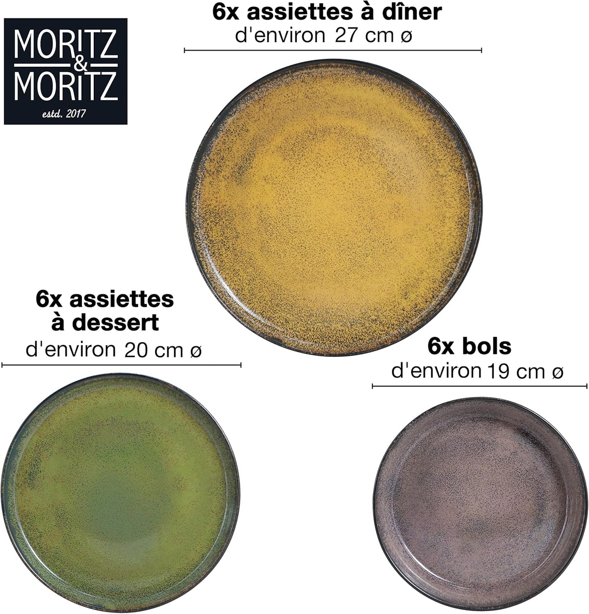 Moritz & Moritz VIDA service de table 6 personnes - vaisselle et arts de la table couleurs vintage jaune, vert et rouge 6x assiettes plates, 6x assiettes creuses, 6x assiettes à petit-déjeuner