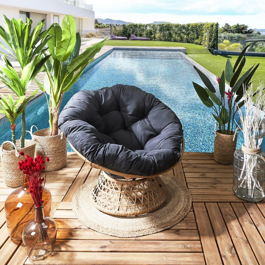 HOME DECO FACTORY, Fauteuil Pivotant Extérieur, Chaise Relax Ronde, 1 Place Pivotant à 360°, Coussin épais Grand Confort Inclus, Mobilier de Jardin pour Amenagement Balcon Terrasse Salon de Jardin