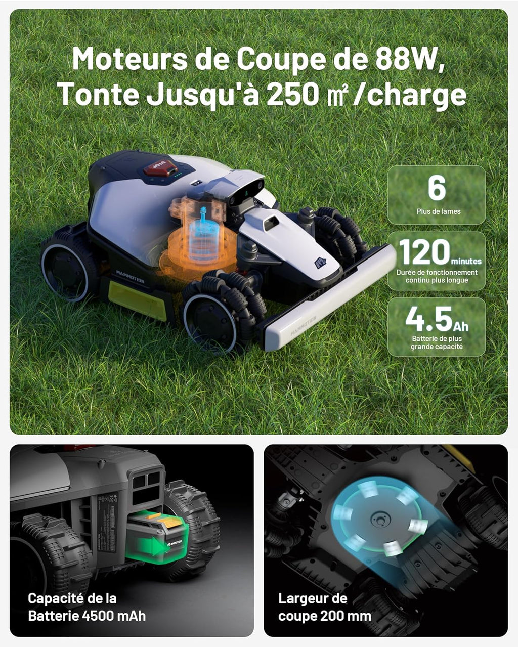 MAMMOTION LUBA Mini AWD 800 Robot Tondeuse sans Fil Périphérique, NetRTK+Vision, Aucune Antenne RTK Requise, Recommandé 800m2, Max. 1000m2, Pentes à 80%, avec Module 4G
