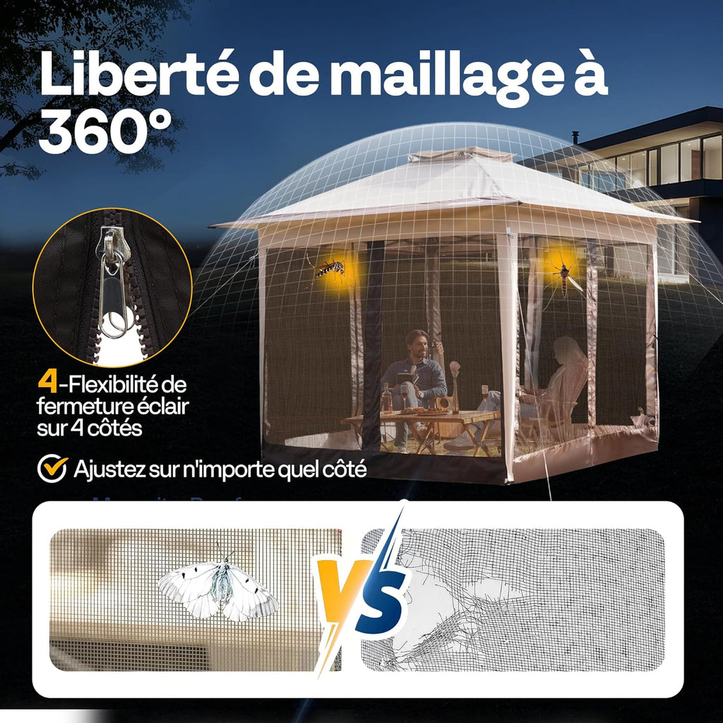 VIVOHOME Tente écran Tonnelle Pliante Portable résistant à l'eau Barnum Pavillon de Jardin avec Moustiquaire 2 Portes à Fermeture éclair et Sac Roulant (Beige & Marron, 3x3 m)