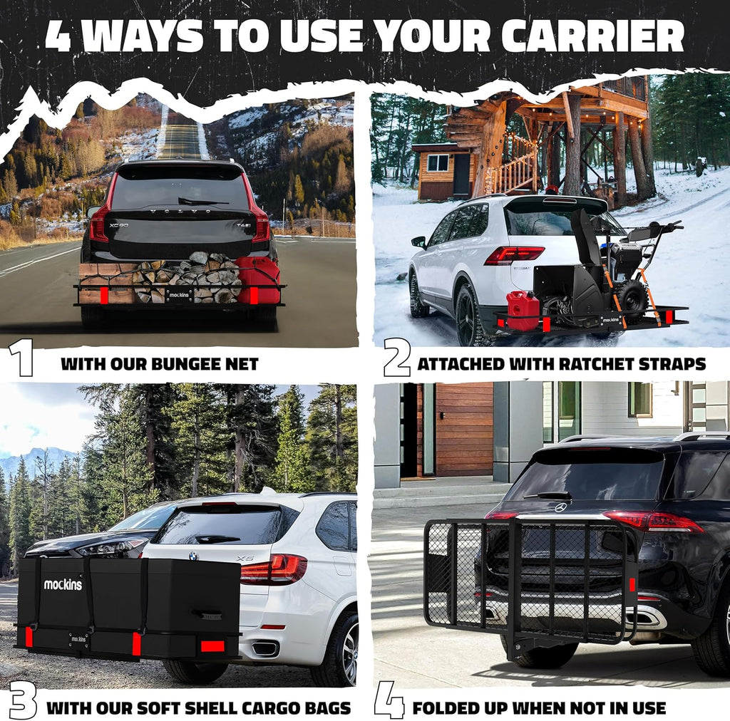 Mockins Porte-bagages pliable en acier résistant aux intempéries pour voiture, VUS et camion avec capacité de 226,8 kg | Récepteur d'attelage de 5,1 cm et accessoires de remorque cargo 152,4 x 50,8 x