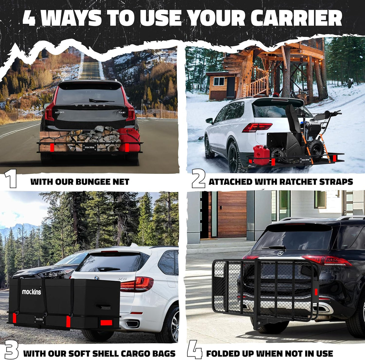 Mockins Porte-bagages pliable en acier résistant aux intempéries pour voiture, VUS et camion avec capacité de 226,8 kg | Récepteur d'attelage de 5,1 cm et accessoires de remorque cargo 152,4 x 50,8 x