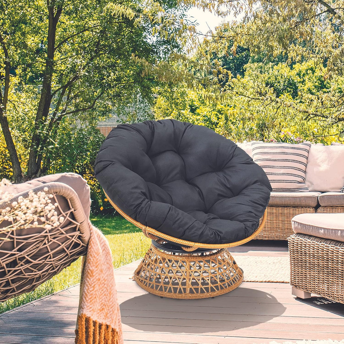 HOME DECO FACTORY, Fauteuil Pivotant Extérieur, Chaise Relax Ronde, 1 Place Pivotant à 360°, Coussin épais Grand Confort Inclus, Mobilier de Jardin pour Amenagement Balcon Terrasse Salon de Jardin
