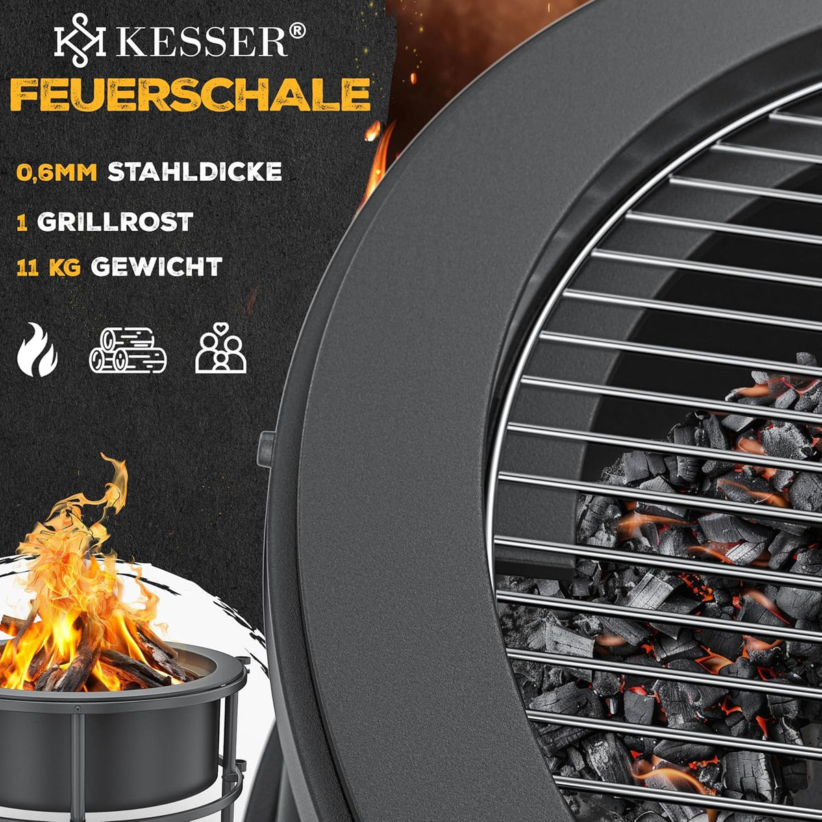 KESSER? Brasero avec grille de cuisson ? 65 cm Panier à feu 0,6 mm en acier traité à froid | Brasero mobile avec pneus | Brasero à bois et charbon avec crochet de 60 cm en fonte, ? 52 cm, brosse et
