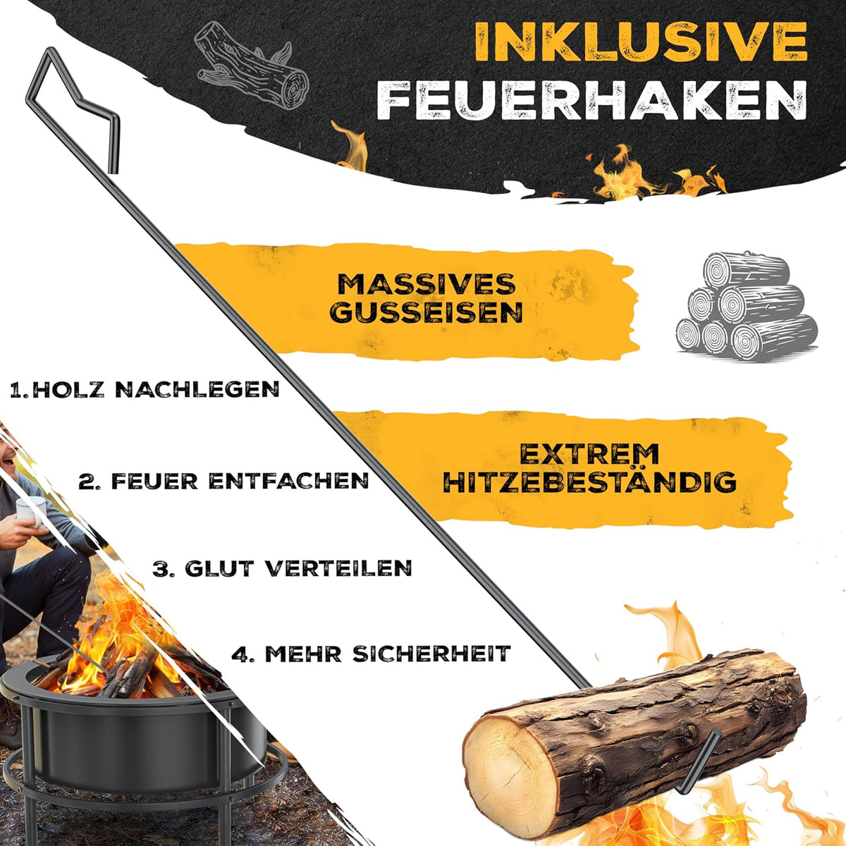 KESSER? Brasero avec grille de cuisson ? 65 cm Panier à feu 0,6 mm en acier traité à froid | Brasero mobile avec pneus | Brasero à bois et charbon avec crochet de 60 cm en fonte, ? 52 cm, brosse et