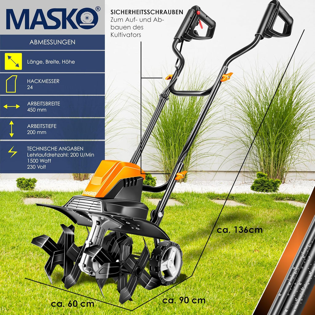 MASKO? Motobineuse électrique 1500 Watts | 40cm de Largeur de Travail, 20cm de Profondeur de Travail | Bineuse | Motoculteur à Fraise | Cultivateur | Fraiseuse de Jardin | Bineuse électrique/Orange