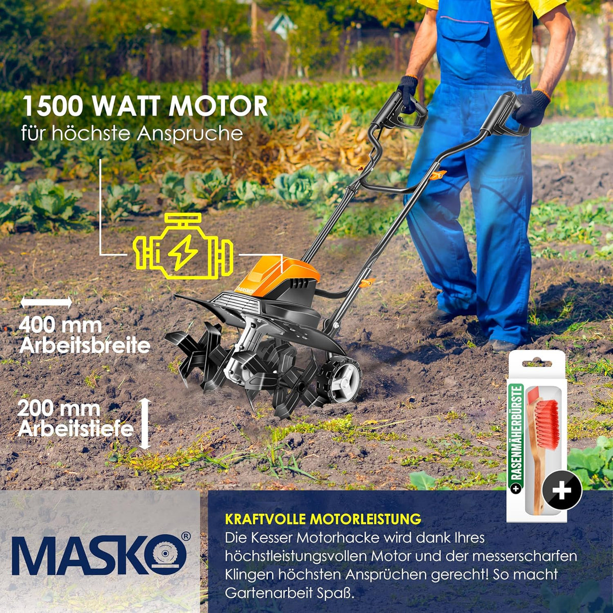 MASKO? Motobineuse électrique 1500 Watts | 40cm de Largeur de Travail, 20cm de Profondeur de Travail | Bineuse | Motoculteur à Fraise | Cultivateur | Fraiseuse de Jardin | Bineuse électrique/Orange